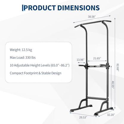 Power Tower Home Gym Strength Training Station Adjustable 10 Height Levels, Heavy-Duty Chin-Up Tower with Parallel Dip Handles, Bodyweight Workout Equipment for Pull-Ups, Dips, Knee Raises, Push-Ups, 330 Lb Capacity