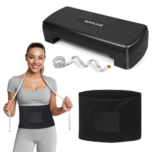 Adjustable Height Aerobic Stepper Set, Multiple Bundle Options with Dumbbells, Kettlebell, Waist Trimmer, Ankle Weights or Weighted Vest, Workout Exercise Step Platform w/Level Risers, 4 Colors - color: Black, size: b. W/ Waist Trimmer