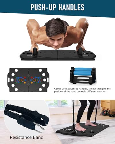 Foldable Push up Board, ABS Pushup board with Portable 15 in 1 for Men & Women, Pilates Bar Kit with Latex Resistance Bands, Home Exercise Equipment