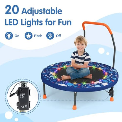 Goplus Foldable Toddler Trampoline for Kids, 36'' Recreational Mini Trampoline w/20 LED Lights, Foam Handle, Padded Safety Cover, Indoor Outdoor Exercise Rebounder for Boys Girls Aged 3-6 - style: Navy-Ocean