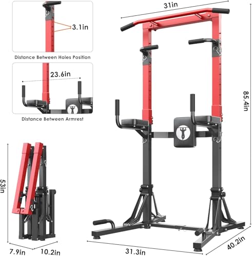 soges Foldable Power Tower, Pull Up Bar Station for Home Gym, Power Tower with Adjustable Height & Padded Armrests, Dip Station for Full Body Workout, Strength Training Equipment, 330 LBS