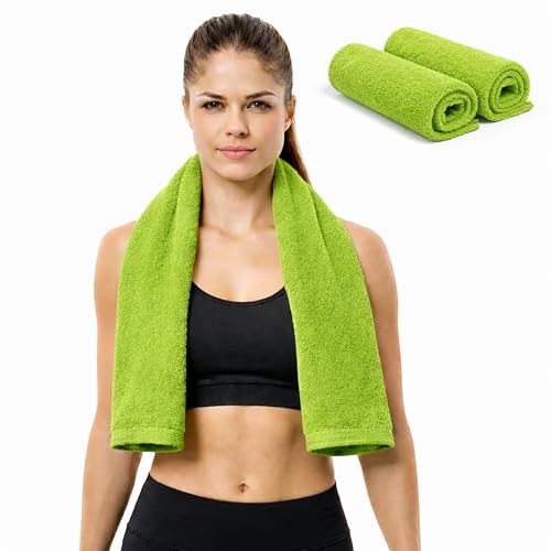 Sports Towel - Double Pack (2 Pieces), 12"x51", Lime Green, 100% Cotton - Oeko-Tex Certified, Very Absorbent and Quick-Drying, for Fitness, Gym and Yoga - color: Neon Green