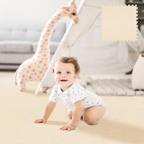 Puzzle Play Mat 9 Tiles with 18 Borders, 70.9 x 70.9 Inch Interlocking Foam Floor Mat, 23.6 x 23.6 Inch Thick Stitching Play Mats for Baby Playpen, Living Room, Playroom & Home Gym, Beige - color: Beige, size: 23.6”x23.6”- 9pcs