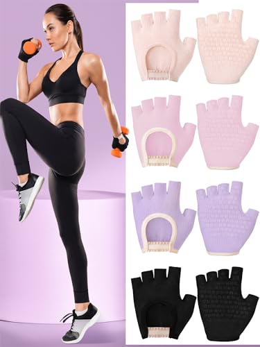 Fourluoo 4 Pcs Women Workout Gloves - color: Pink, Purple, Beige, Black