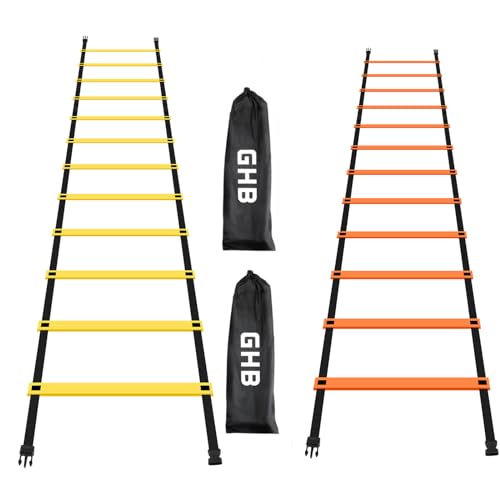 GHB Pro Agility Ladder 2 Pack Agility Training Ladder Speed 12 Rung 20ft with Carrying Bag (Yellow and Orange)
