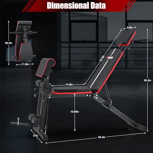 XDDIAS Adjustable Weight Bench, Workout Bench with Leg Extension and Preacher Curl Pad, Weight Bench for Home Gym, Foldable Exercise Bench, Quick Adjustment Incline Bench Press - color: Black+Red