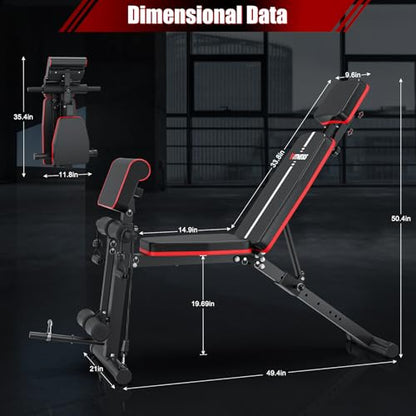 XDDIAS Adjustable Weight Bench, Workout Bench with Leg Extension and Preacher Curl Pad, Weight Bench for Home Gym, Foldable Exercise Bench, Quick Adjustment Incline Bench Press - color: Black+Red