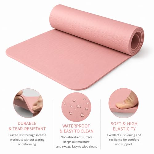 Thick TPE Yoga Mat for Beginners, Non-Slip Cushioned Yoga Mat with Carrying Strap for Pilates, Stretching and Home Workout