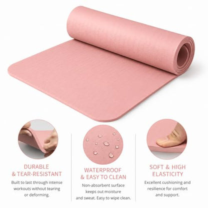 Thick TPE Yoga Mat for Beginners, Non-Slip Cushioned Yoga Mat with Carrying Strap for Pilates, Stretching and Home Workout