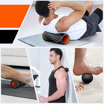 Sportneer 4 in 1 Foam Set, Muscle Relax Kit with 2 Textured Foam Pilates Rollers, Stringed Exercise Ball, Lacrosse Ball for Muscle Shoulder Back Leg Whole Body Relax Fitness Yoga - color: Black