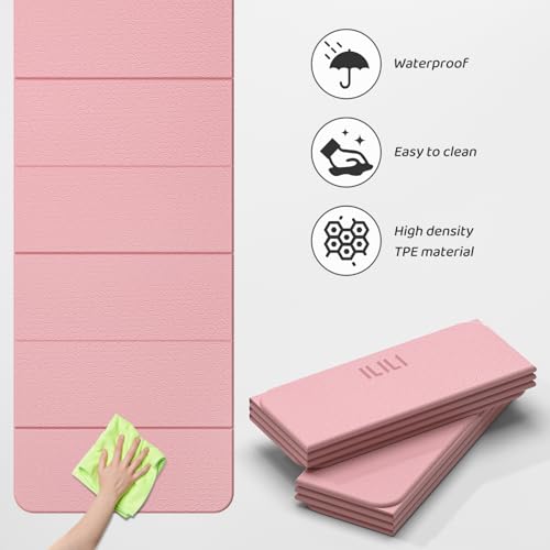 ILILI Foldable Yoga Mat 71 * 24 * 0.3'' - TPE Non-Slip Fitness Mat for Home，Waterproof & Lightweight (2lb) for Home Gym, Pilates & Stretching,Fitness Workouts - color: LIGHT PINK