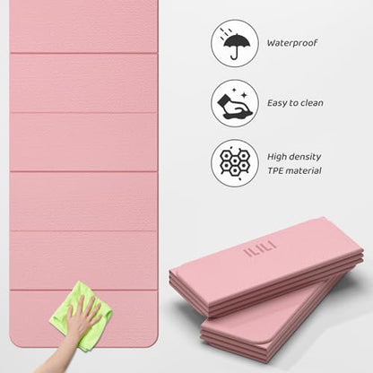 ILILI Foldable Yoga Mat 71 * 24 * 0.3'' - TPE Non-Slip Fitness Mat for Home，Waterproof & Lightweight (2lb) for Home Gym, Pilates & Stretching,Fitness Workouts - color: LIGHT PINK