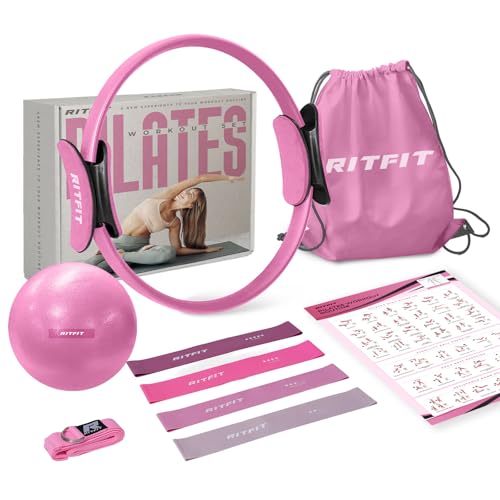 RitFit Pilates Ring Circle - 14 Inch Magic Fitness Circle for Toning Inner & Outer Thighs, Bonus Workout Guide Included (Pink Kit)