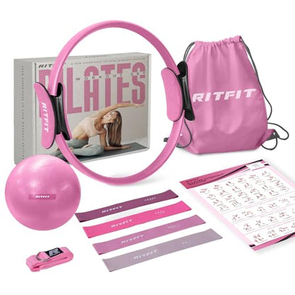 RitFit Pilates Ring Circle - 14 Inch Magic Fitness Circle for Toning Inner & Outer Thighs, Bonus Workout Guide Included (Pink Kit)