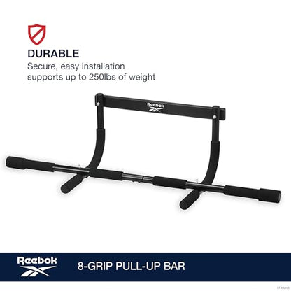 Reebok 8-Grip Pull-Up Bar, Multi-Function Upper Body Workout Rod, Door Frame Fitness Beam with 8 Sure Grip Foam Handles, Portable Chin Up Bar for Strength Training Exercise at Home or Gym