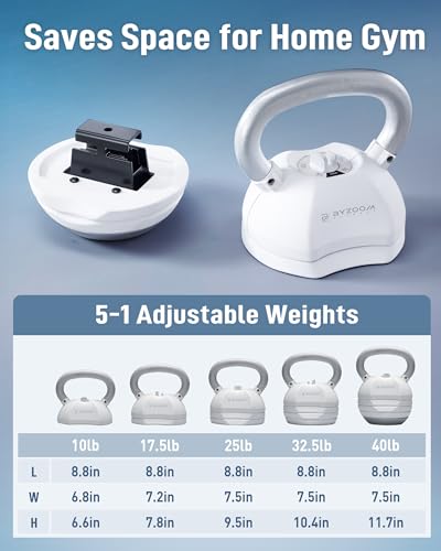 BYZOOM FITNESS Pure Series Adjustable Kettlebell 30/40/50LB - 5-IN-1 Weight Change, Patented Quick-Change Machenism, Ergonomic Curved Handle for Home Gym, Strength Training, HIIT, White OR Black - color: 40LB White