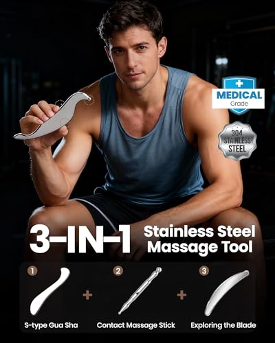 3-in-1 Stainless Steel Gua Sha Tool, Professional Trigger Point Massage Tools & Fascia Release Scraper for Muscle Pain Relief of Neck, Shoulder, Leg & Body
