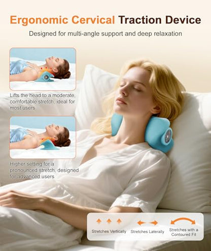 Neck Massager with Heat & Vibration 3 Level Adjustable, Heated Neck Stretcher with 6 Modes, Rechargeable Cervical Traction Device for Pain Relief & Muscle Relaxation, Gift for Women Men