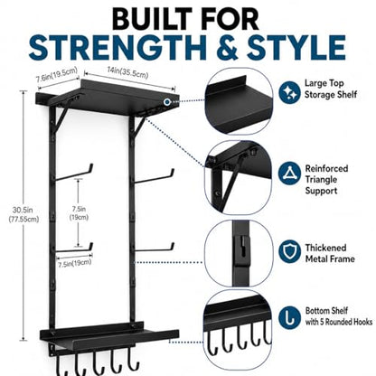 Yoga Mat Holder Wall Mount, Yoga Mats Rack with Double Floating Shelves, Yoga Accessory Storage Rack with 5 Hooks for Resistance Bands and Workout Equipment for Home Gym Storage, Black