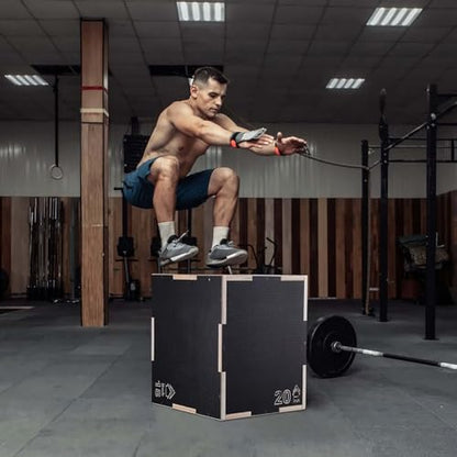 Plyometric Jump Box, 20/18/16 Inch Wooden Plyo Box - 3-in-1 Fitness Step Platform for Strength Training, Agility & Conditioning - Home Gym Equipment, Black