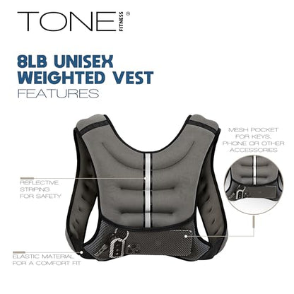 TONE Fitness 8LB Weighted Vest – Women’s & Men’s Workout Vest with Phone Pouch, Reflective Strips & Adjustable Fit for Walking, Running, Cardio & Strength Training | Gray/Blue - color: Gray