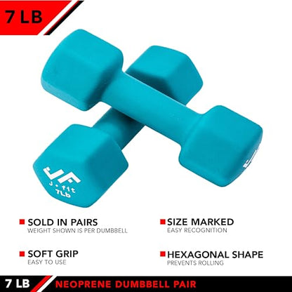 JFIT Dumbbell Pairs or Sets – Neoprene & Vinyl Coated Hand Weights for Home Gym, Strength Training, Aerobics, Cardio Exercise and Fitness - size: 7 lbs (Pair), style: Dumbbell Pair