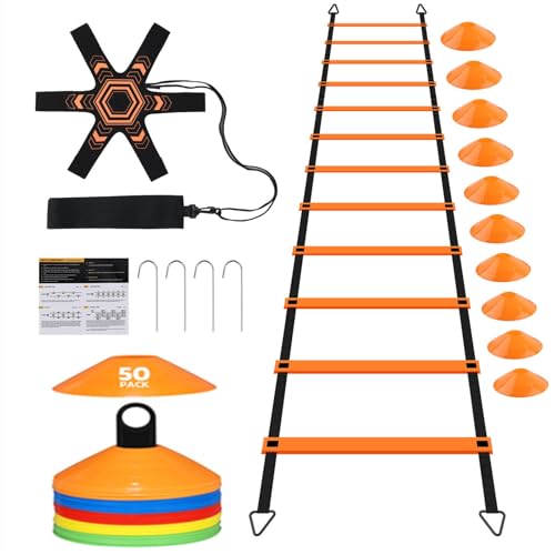 GHB Pro Agility Ladder Soccer Kick Trainer Set 20ft 12 Rung 60 Cones and 4 Stakes Speed Agility Football Training Equipment with Carrying Bag