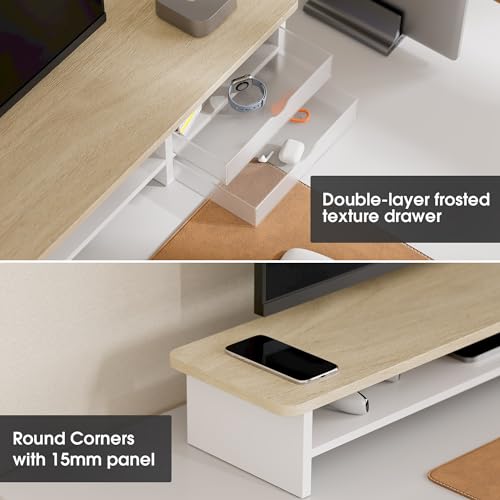 Fenge Monitor Stand, Desk Computer Riser with Frosted Storage Drawer, Oak - color: Oak