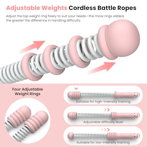 2PCS Heavy Duty Ropeless Battle Ropes, Adjustable Cordless Battle Rope for HIIT Cardio Workout, Non-Slip Spiral Handle Home Gym Equipment Pink