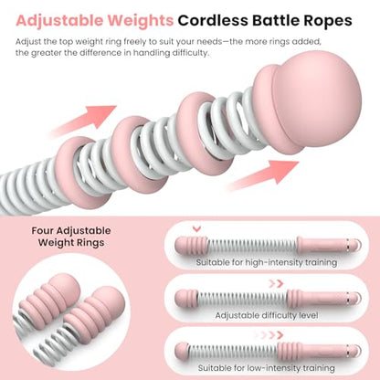 2PCS Heavy Duty Ropeless Battle Ropes, Adjustable Cordless Battle Rope for HIIT Cardio Workout, Non-Slip Spiral Handle Home Gym Equipment Pink