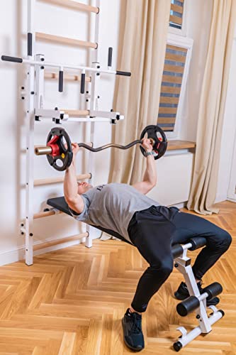 Swedish Ladder Wall Bar - Indoor Chin Up Bar Workout Equipment for Home Exercise, Physical Therapy, Gymnastics, Fitness (WallBars + Convertible Pullup Bar + Dip Bars + Bench, White)