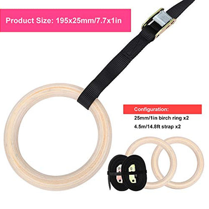Topyond Wood Gymnastic Rings with Adjustable Straps, Olympic Rings 25mm for Gym, Workout, Exercise, Outdoor Training, Quick Install Carabiner, Can Hold up to 220lbs, 14.8 Ft. Strap