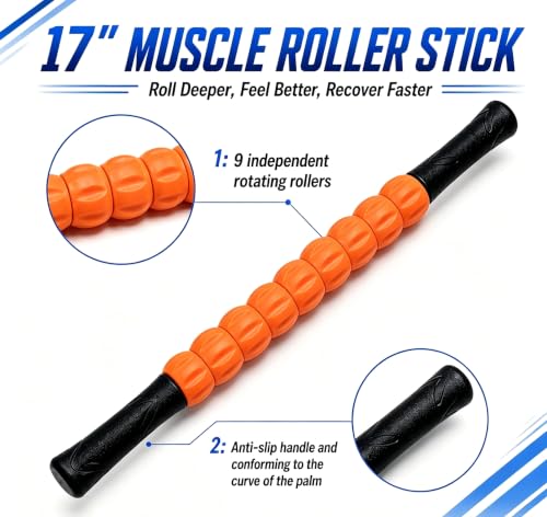 Muscle Roller Stick - A Full-Body Massage Roller that Can Relieve Muscle Soreness, Cramps and Tension After Exercise. It is a Handheld Physical Therapy and Recovery Tool（Black and Orange） - color: Orange