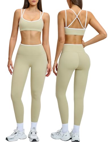 QBGJTD Womens Workout Set Two Piece Spaghetti Straps Color Block Sports Bra Matching High Waist Leggings Gym Work Out Outfits - color: Light Green, size: X-Small