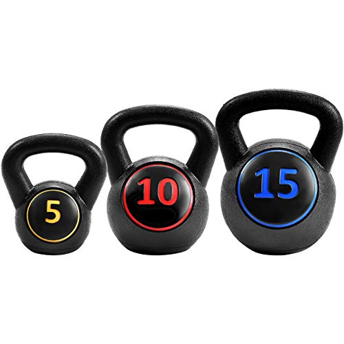 GYMAX Kettlebells, 3 Pcs Vinyl Coated Strength Training Kettlebells 5 lbs, 10 lbs, 15lbs Dumbbell Set for Push up, Grip, Swing, Deadlifts, Squats, Lifting, Get-ups Full Body Exercise Workout