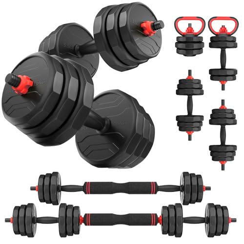 UKEEP Adjustable Dumbbells, 20/30/40/55/60/70/80/90lbs Free Weights Dumbbells Convertible 2 or 3 in 1 Set Used as Barbell, Kettlebells, A Pair of Lightweight for Home Gym - style: 3 IN 1 55LB (27.5LB Pair)