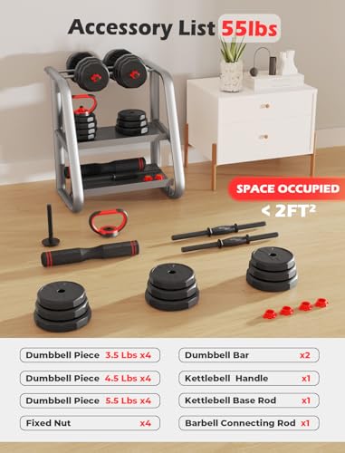 UKEEP Adjustable Dumbbells, 20/30/40/55/60/70/80/90lbs Free Weights Dumbbells Convertible 2 or 3 in 1 Set Used as Barbell, Kettlebells, A Pair of Lightweight for Home Gym - style: 3 IN 1 55LB (27.5LB Pair)