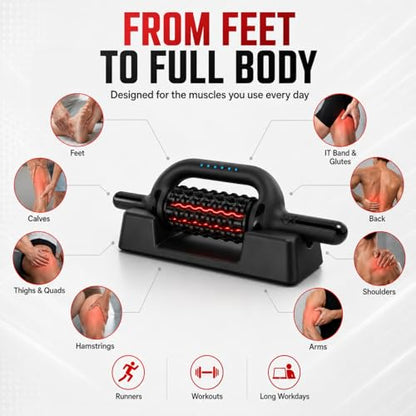 630nm Red Light Electric Rolling Massager with Hands-Free Base, 6-Speed Cordless Muscle Roller for Legs, Feet, Calves, Thighs & Back, Wide Massage Roller Stick for Post Workout Recovery (Black)