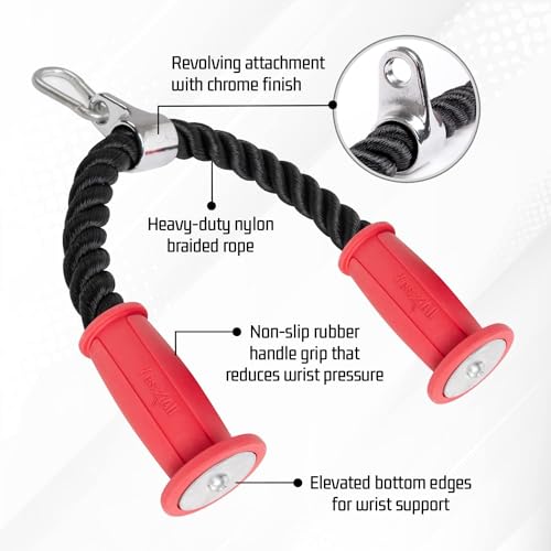 Yes4All Deluxe Tricep Rope Cable Attachment, 27 & 36 inch with 4 Colors, Exercise Machine Attachments Pulley System Gym Pull Down Rope with Carabiner - color: I. Tricep Rope Ergonomic