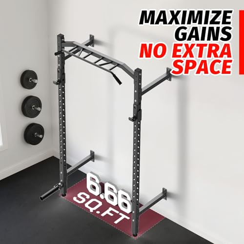 Garvee Wall Mounted Power Rack, 1600LB Commercial Squat Rack for Home Gym with Multi-Grip Pull Up Bar, j-Cups & Landmine Attachment for Home and Garage Gym