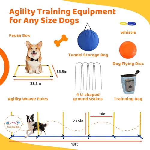 Dog Agility Course Backyard Set - Complete 11-Piece Dog Agility Equipment with Adjustable Hurdles, Jump Ring, Weave Poles, Collapsible Tunnel, Pause Box, Ball for Indoor/Outdoor Training