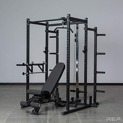 REP Fitness PR-1100 Power Rack Home Gym System, Squat Cage with Attachment Compatibility Multi-Grip Pull Up Bar, Adjustable J Cups, Extended Safeties, 700 lb Capacity, Strength Training Equipment - style: Power Rack + AB-3000 Incline/Decline Bench + Lat/R