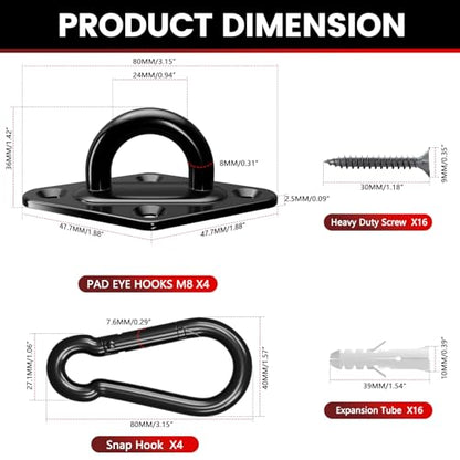 sprookber 304 Stainless Steel Pad Eye Snap Hook,M8 Ceiling Hook 1200Lb,8Pcs - size: 3.15 inch, style: Black Rhombus