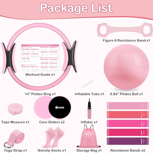 Pilates Kit for Women, Pilates Equipment Ring and Ball Set with Resistance Bands, Yoga Strap, Core Sliders, Socks, Bag & Guide for Starter Home Workout Fitness Gym Essentials