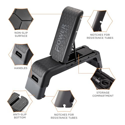Power Systems Step Bench & Weight Bench | Aerobic Platform & Plyo Box for Cardio, Strength | Commercial Grade Full Body Home Gym Stepper with Adjustable Multifunctional Deck & Resistance Band Clips