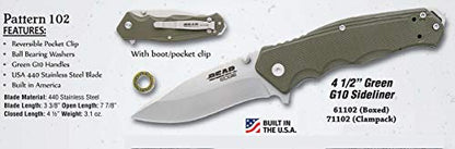 Bear Edge G10 Sideliner, 3 3/8” 440 High Carbon Stainless Steel Blade, Green G10 Handle, Trigger Open and Reversible Pocket Clip (61102)