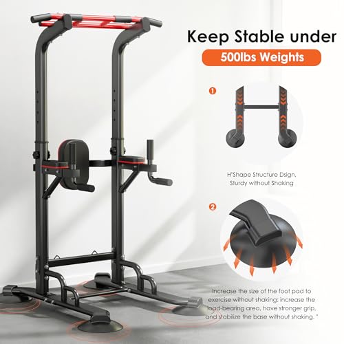 soges Power Tower Pull Up Bar Station, Dip Station for Home Gym, Height Adjustable Heavy Duty Strength Home Training Fitness Workout Equipment - color: Black-Bands