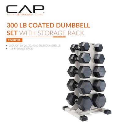 CAP Dumbbell Set with Rack, Rubber Coated Hex Free Weight Set | 100–300 lb Options, Vertical Space-Saving Storage for Home Gym Strength Training - size: 300 lb Set - Light Gray Rack, style: Chrome Handle