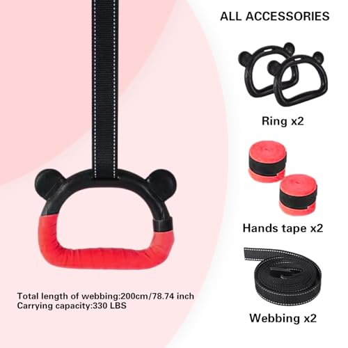 Kids Gymnastics Rings, Children's Home Gym Equipment, Children's Adjustable Strap Strength Training Rings, Pulling Rings for Physical Training - color: Red