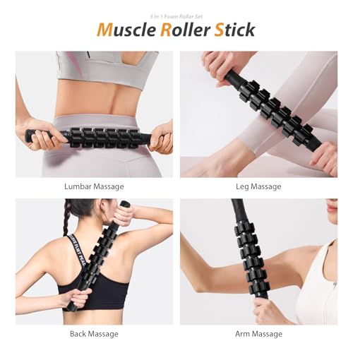 5 in1 Foam Roller Set, Trigger Point Foam Roller, Massage Roller Stick, Massage Ball, Resistance Band for Deep Muscle Massage Pilates Yoga,Fitness Exercise for Whole Body (Black-Red) - color: Black-red